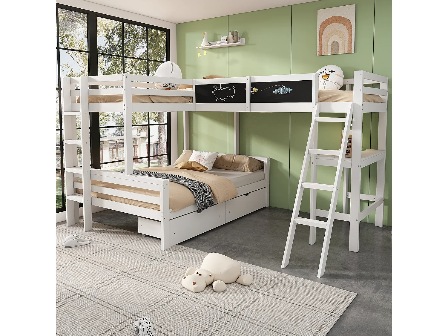 Lit mezzanine triple 140×200 & 90×200 cm blanc, bois de pin, avec bureau, étagère, tiroirs, pour trois enfants