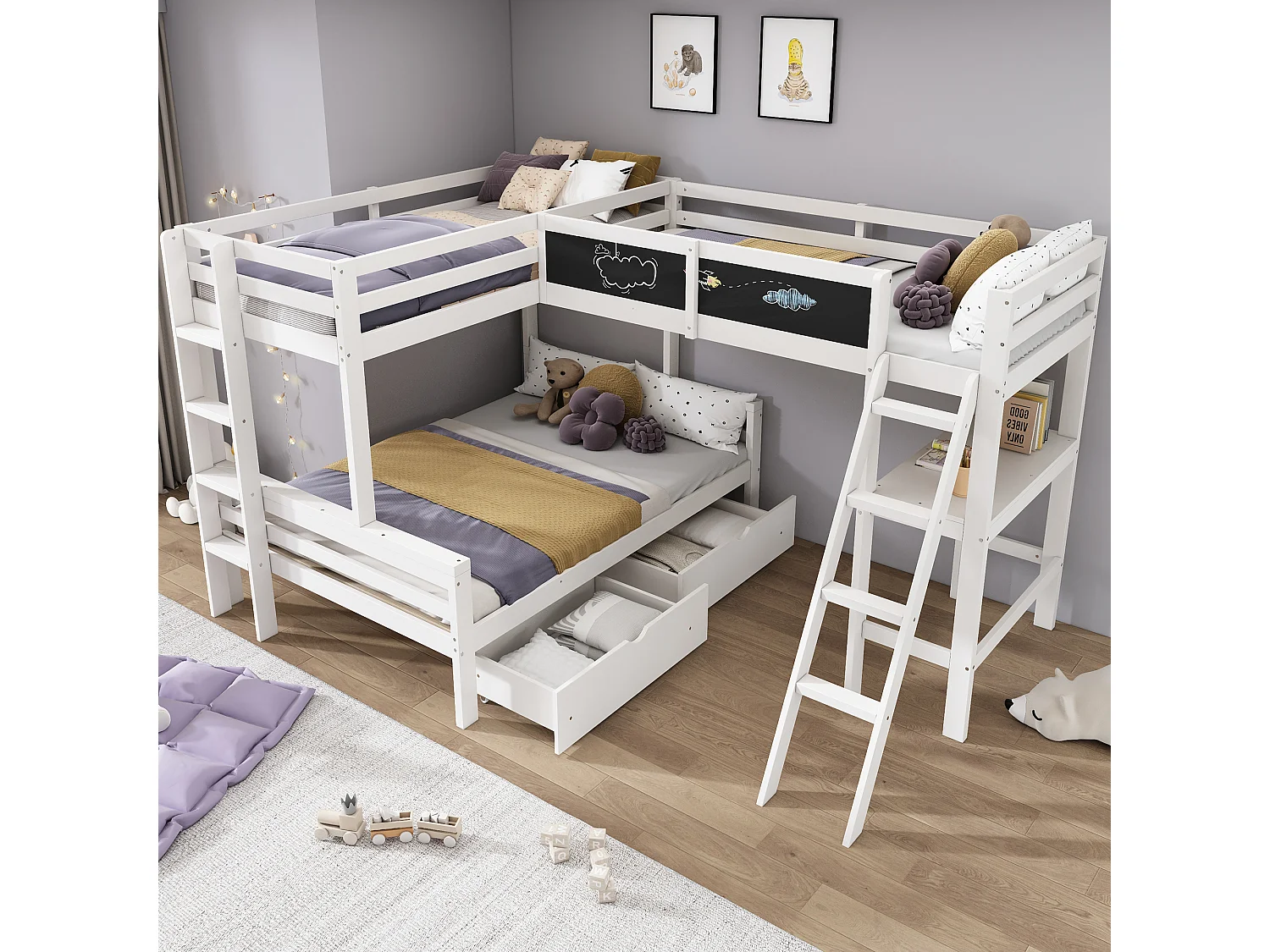 Lit mezzanine triple 140×200 & 90×200 cm blanc, bois de pin, avec bureau, étagère, tiroirs, pour trois enfants