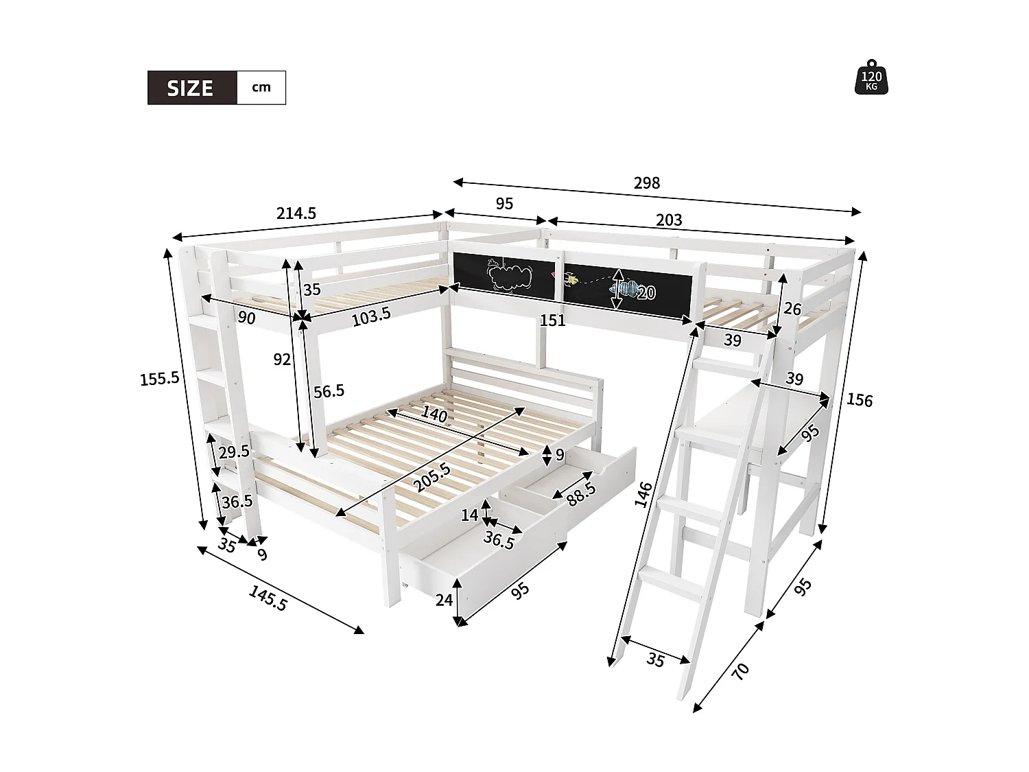 Lit mezzanine triple 140×200 & 90×200 cm blanc, bois de pin, avec bureau, étagère, tiroirs, pour trois enfants