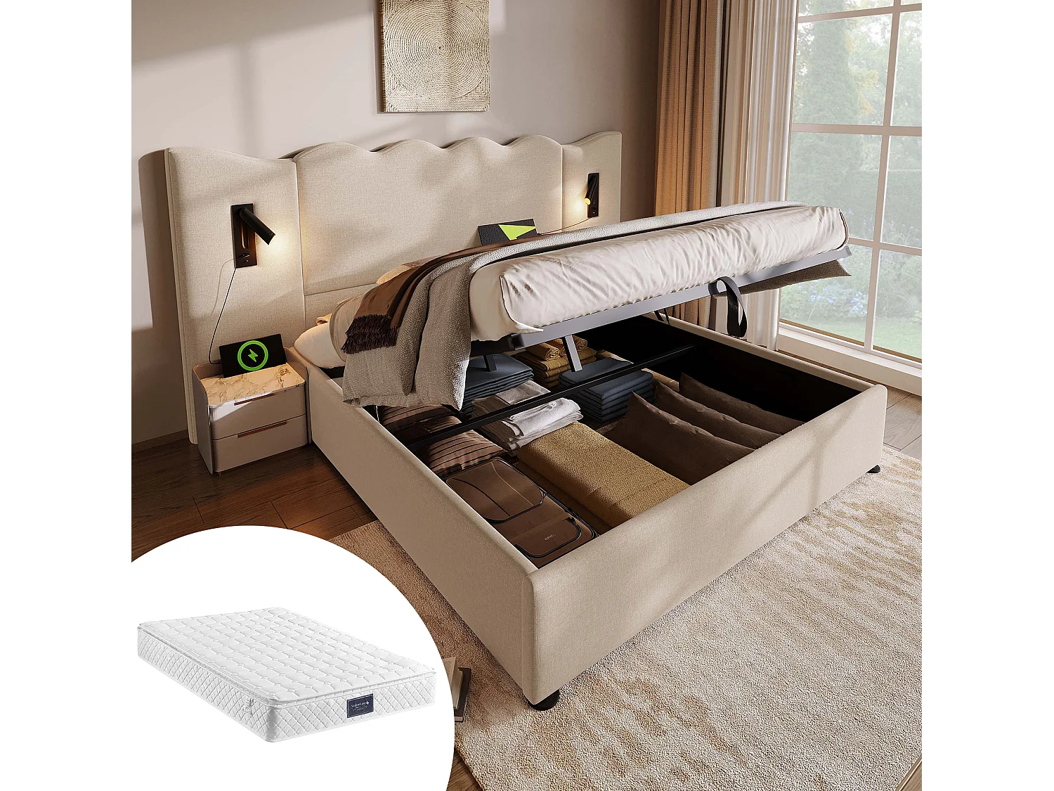 Lit tapissé 160x200 cm double, lampe lecture, USB-C, rangement, cadre bois et métal, tissu lin beige (Avec matelas)
