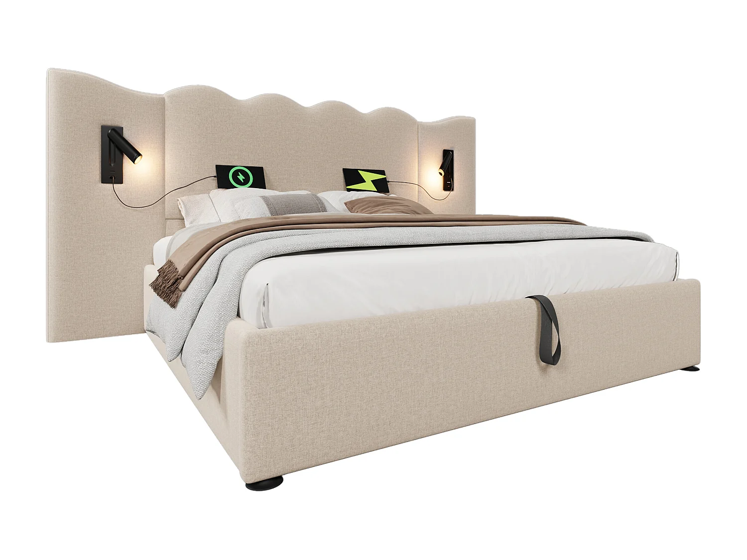 Lit tapissé 160x200 cm double, lampe lecture, USB-C, rangement, cadre bois et métal, tissu lin beige (Avec matelas)