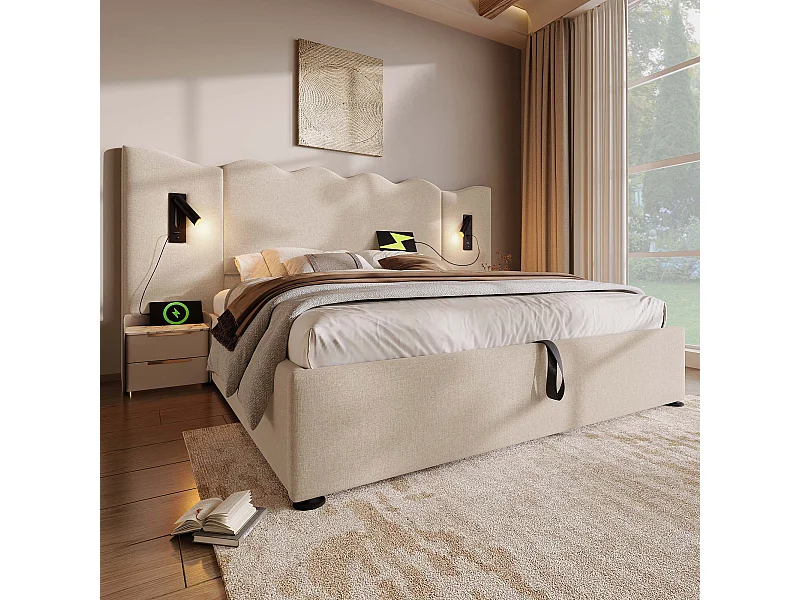 Lit tapissé 160x200 cm double, lampe lecture, USB-C, rangement, cadre bois et métal, tissu lin beige (Avec matelas)