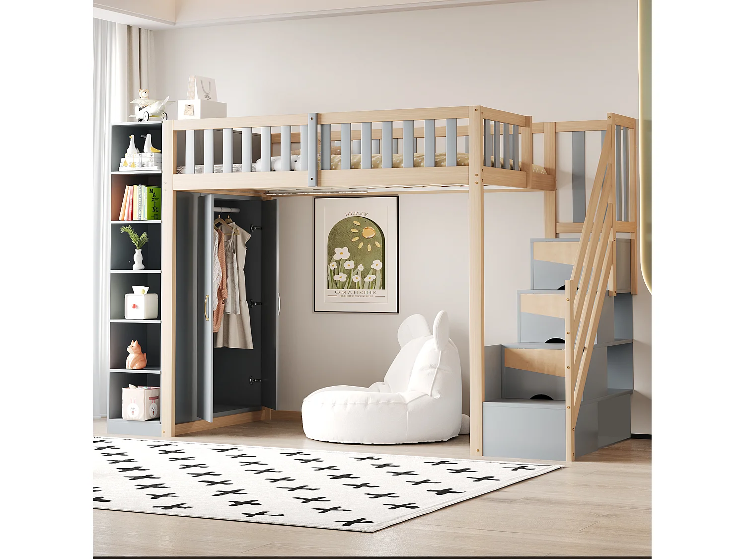 Lit mezzanine multifonction 90x200 cm gris et bois naturel, avec armoire, étagères et échelle sécurisée