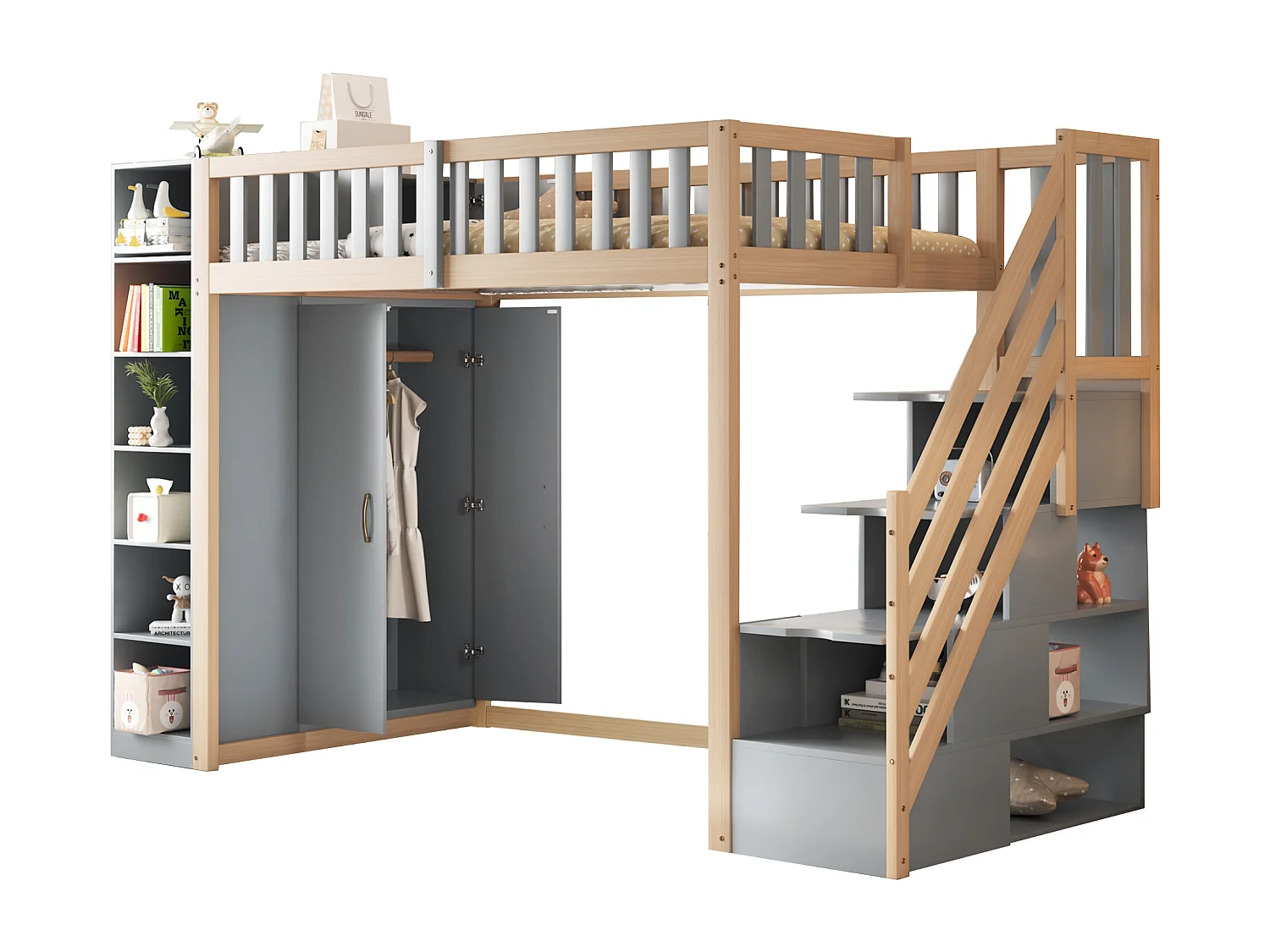 Lit mezzanine multifonction 90x200 cm gris et bois naturel, avec armoire, étagères et échelle sécurisée