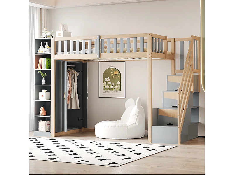 Lit mezzanine multifonction 90x200 cm gris et bois naturel, avec armoire, étagères et échelle sécurisée