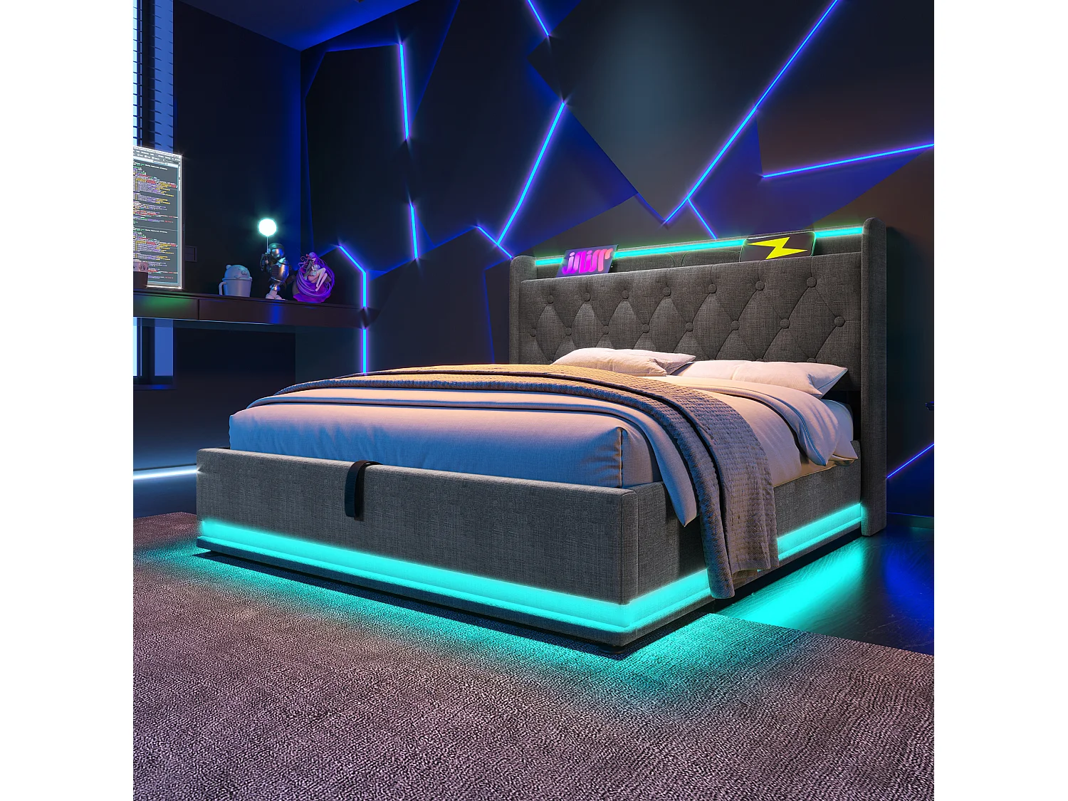 Lit tapissé 160x200 cm double, LED 360° autour, télécommande/App, hydraulique, tête avec USB-C, tissu lin gris (Avec matelas)