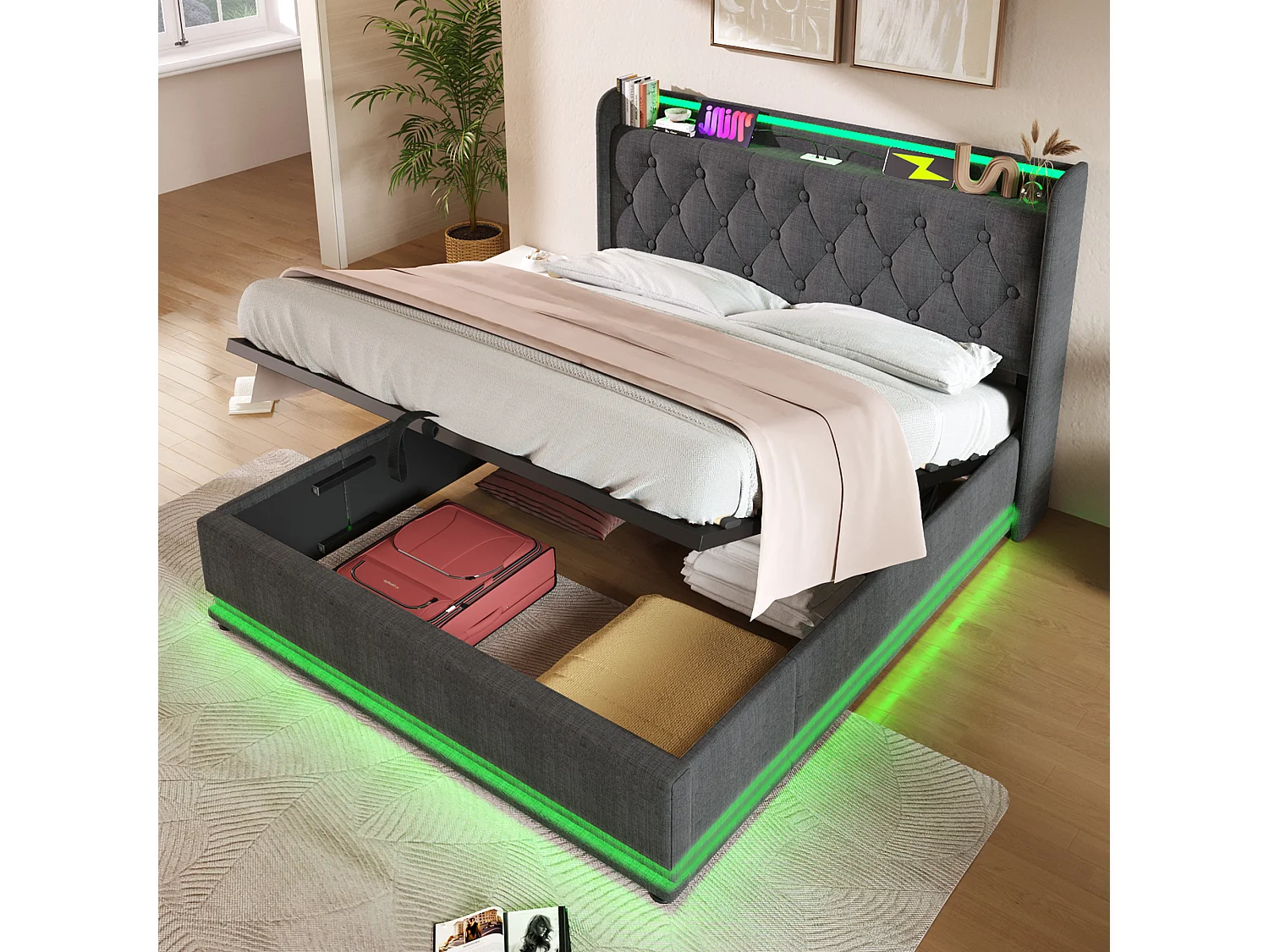 Lit tapissé 160x200 cm double, LED 360° autour, télécommande/App, hydraulique, tête avec USB-C, tissu lin gris (Avec matelas)