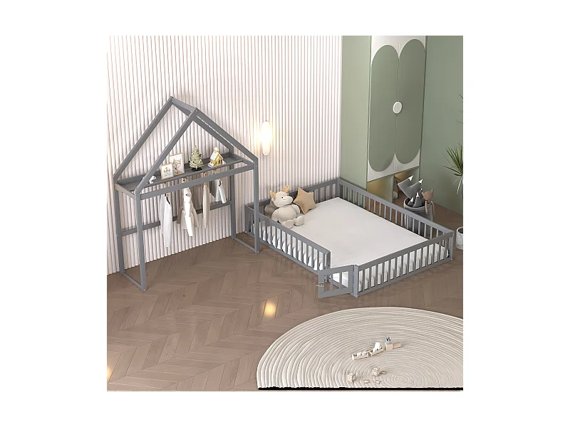 Lit enfant 140x200 cm gris, cadre en bois massif avec rangement, barrière protectrice et sommier inclus