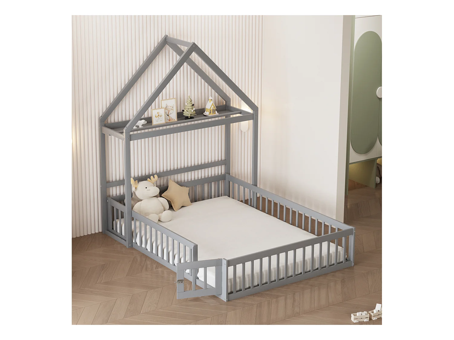 Lit enfant 140x200 cm gris, cadre en bois massif avec rangement, barrière protectrice et sommier inclus