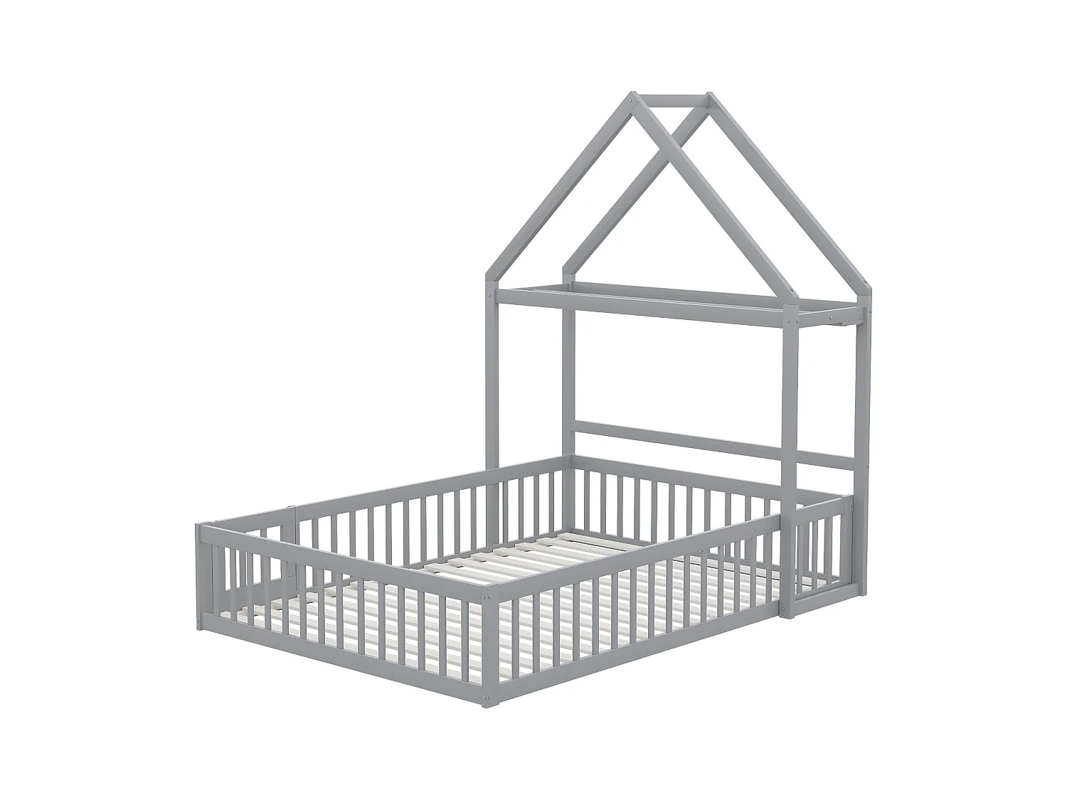Lit enfant 140x200 cm gris, cadre en bois massif avec rangement, barrière protectrice et sommier inclus