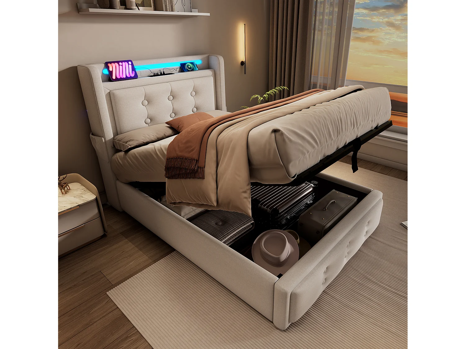 Lit tapissé 90x200 cm simple, LED tête, USB-C, hydraulique, cadre bois et métal, coton beige, charge 150 kg (Avec matelas)