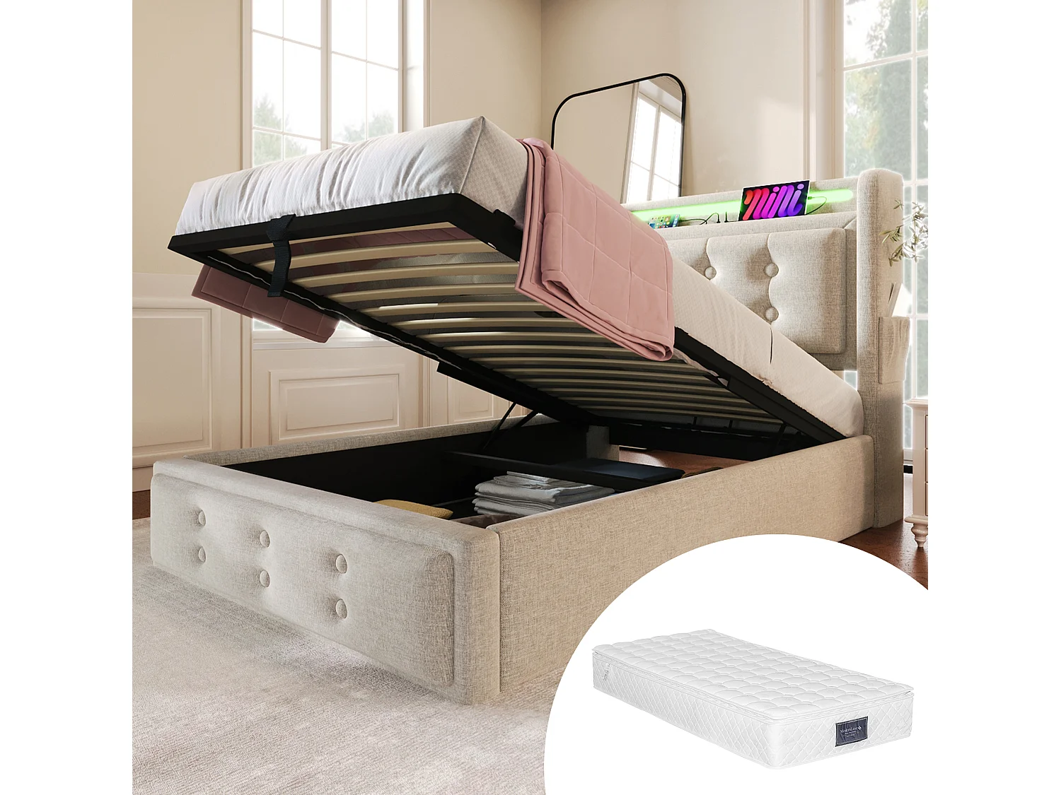 Lit tapissé 90x200 cm simple, LED tête, USB-C, hydraulique, cadre bois et métal, coton beige, charge 150 kg (Avec matelas)