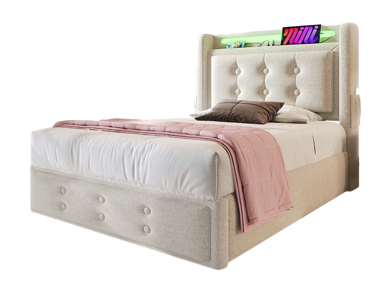 Lit tapissé 90x200 cm simple, LED tête, USB-C, hydraulique, cadre bois et métal, coton beige, charge 150 kg (Avec matelas)