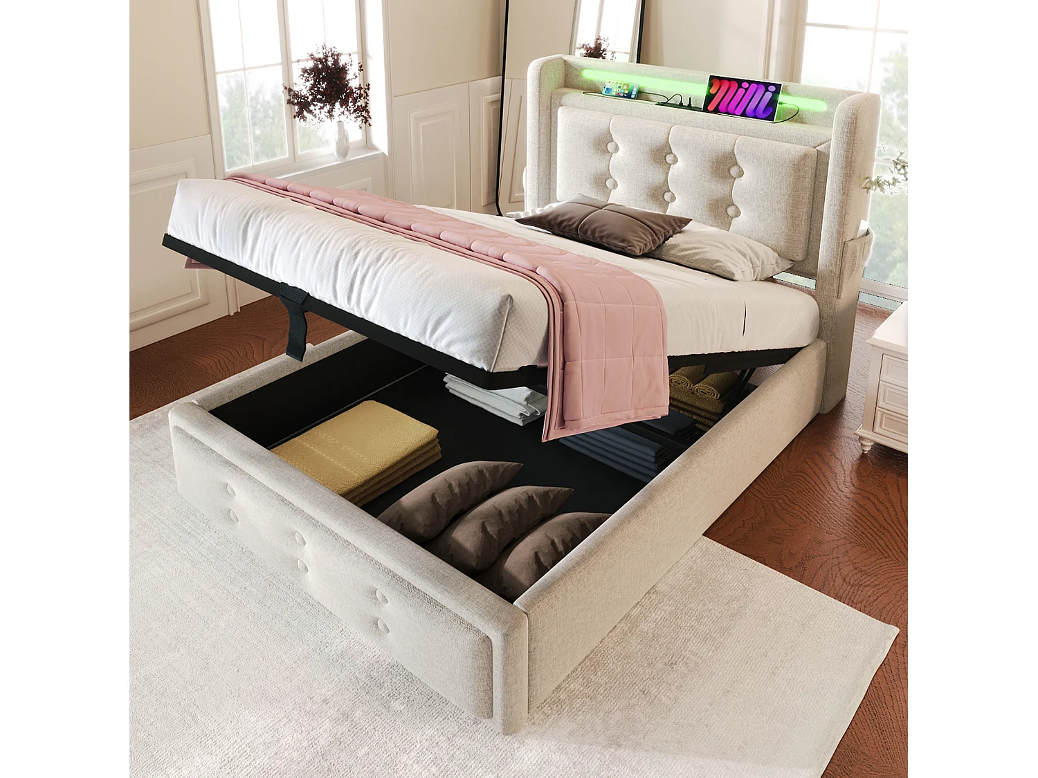 Lit tapissé 90x200 cm simple, LED tête, USB-C, hydraulique, cadre bois et métal, coton beige, charge 150 kg (Avec matelas)