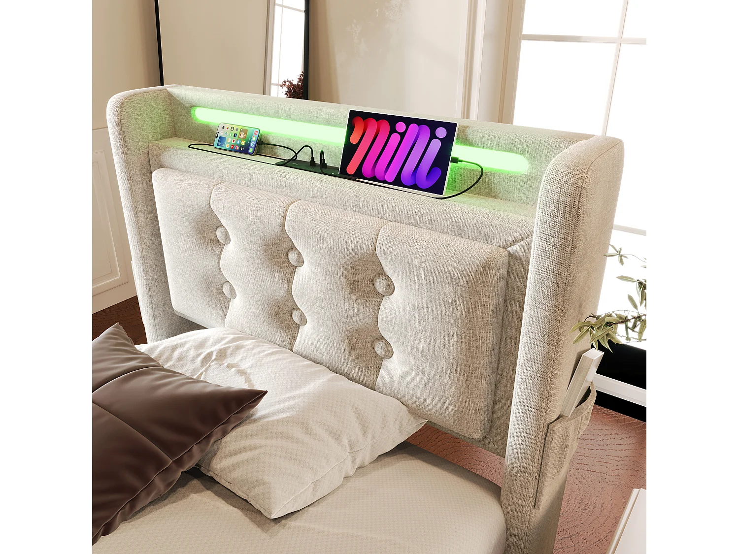 Lit tapissé 90x200 cm simple, LED tête, USB-C, hydraulique, cadre bois et métal, coton beige, charge 150 kg (Avec matelas)