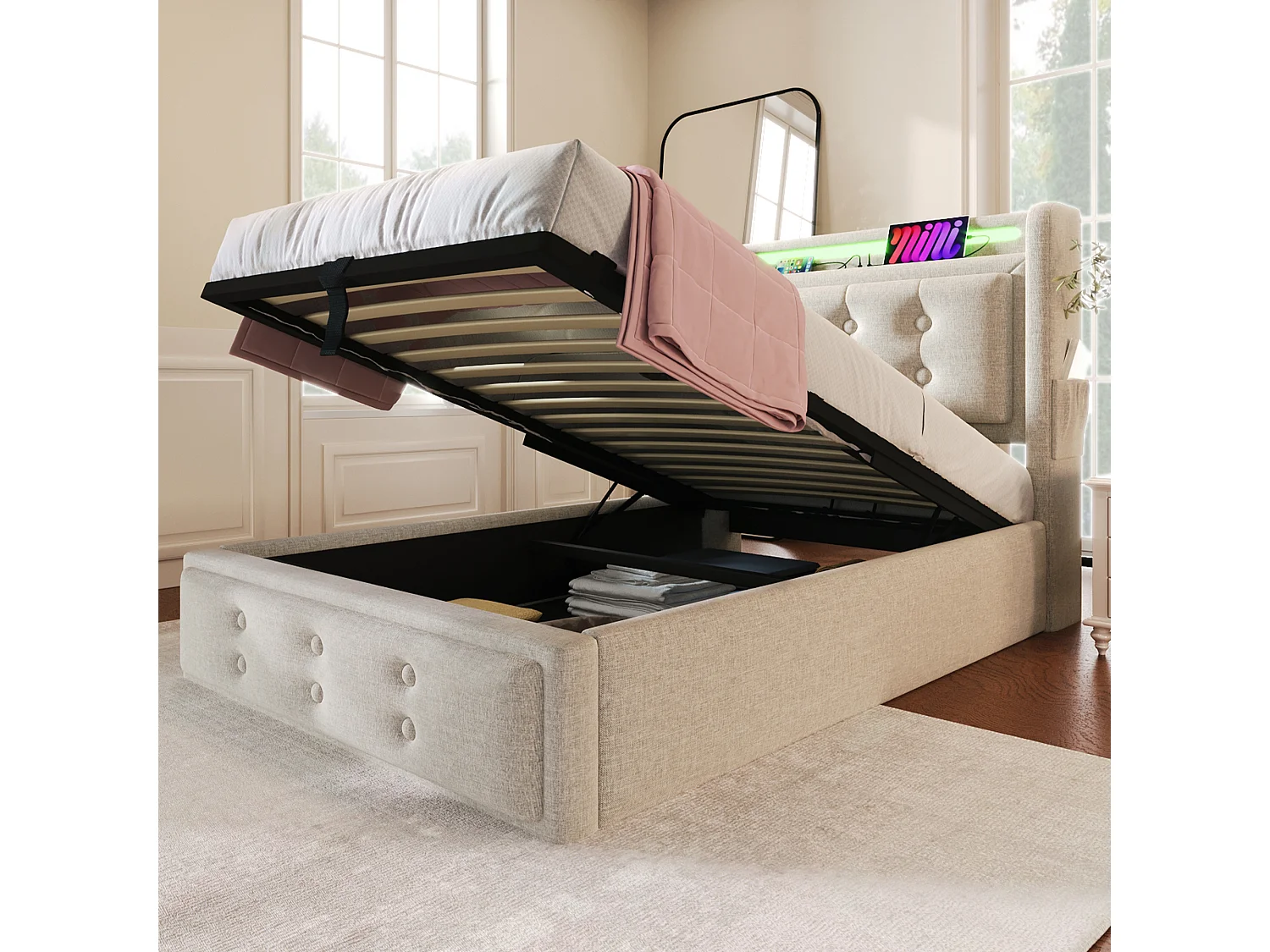 Lit tapissé 90x200 cm simple, LED tête, USB-C, hydraulique, cadre bois et métal, coton beige, charge 150 kg (Avec matelas)