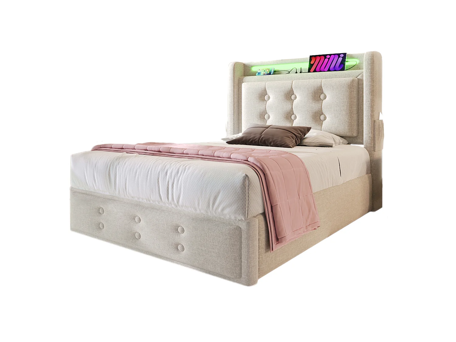 Lit tapissé 90x200 cm simple, LED tête, USB-C, hydraulique, cadre bois et métal, coton beige, charge 150 kg (Avec matelas)