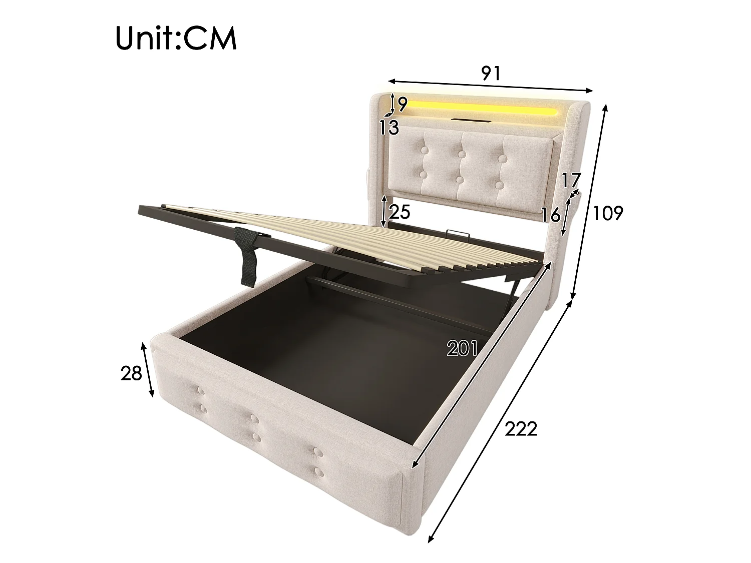 Lit tapissé 90x200 cm simple, LED tête, USB-C, hydraulique, cadre bois et métal, coton beige, charge 150 kg (Avec matelas)
