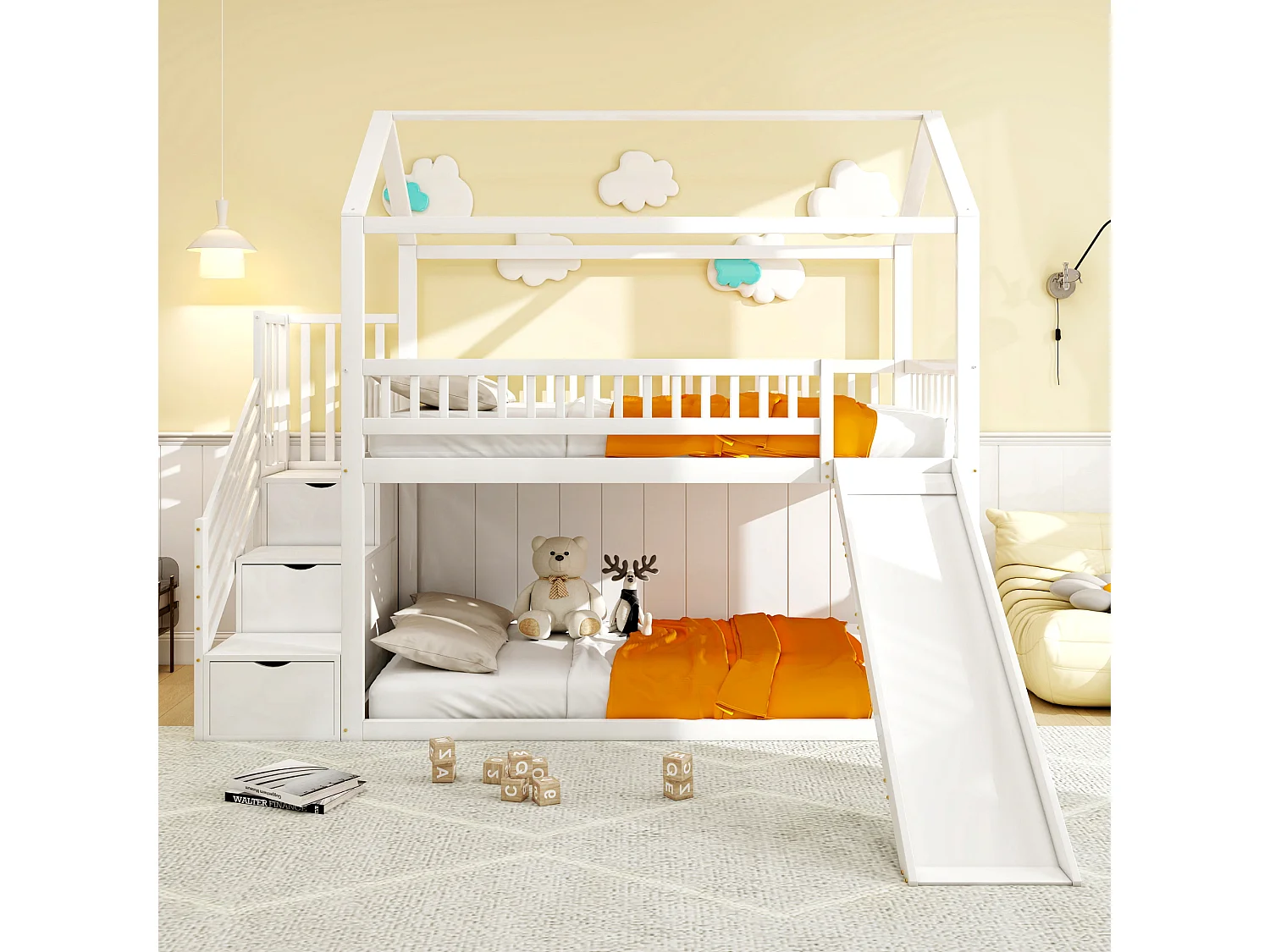 Lit superposé enfant 90x200 cm blanc, avec toboggan, escalier de rangement et cadre en bois massif