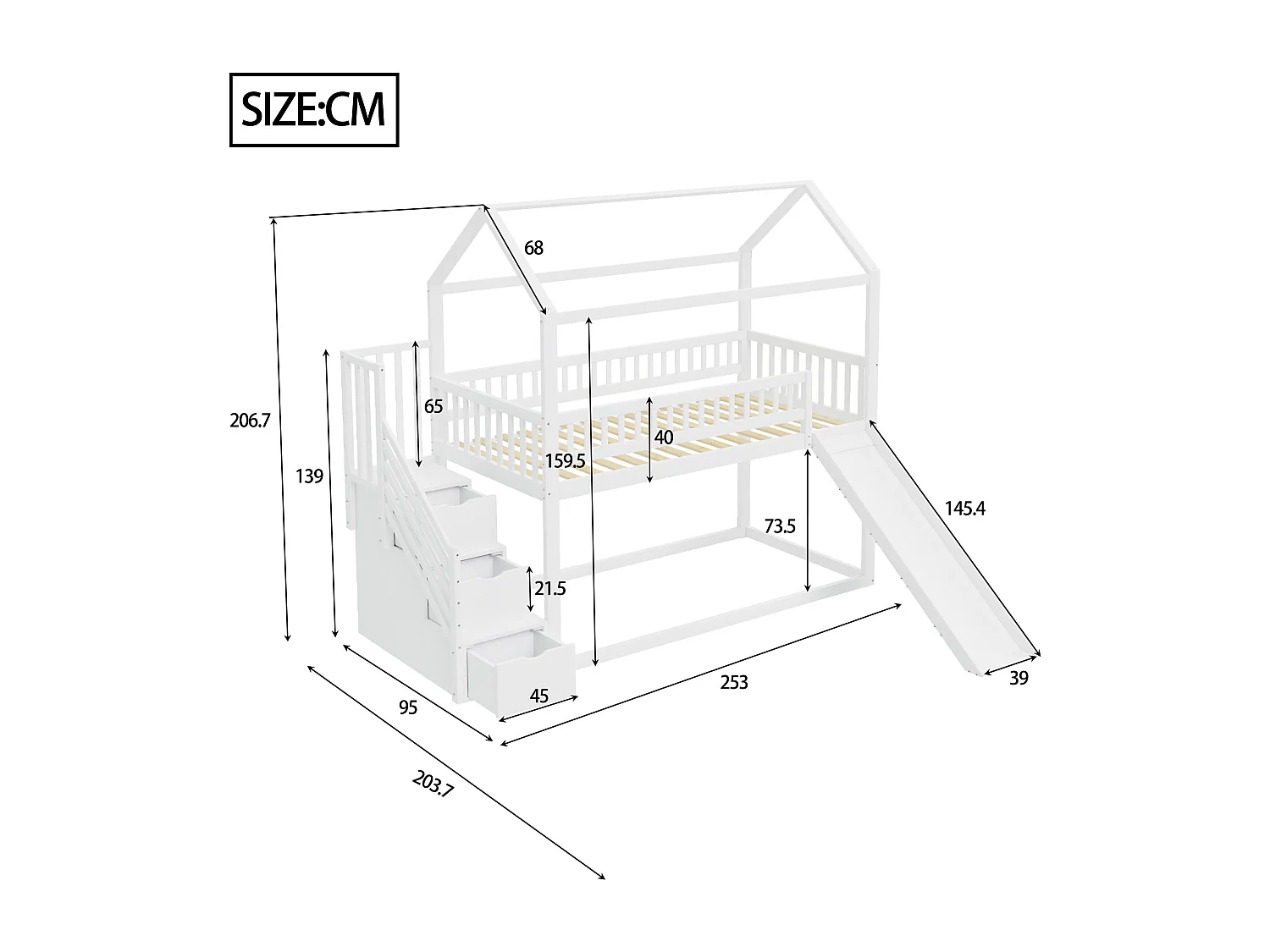 Lit superposé enfant 90x200 cm blanc, avec toboggan, escalier de rangement et cadre en bois massif