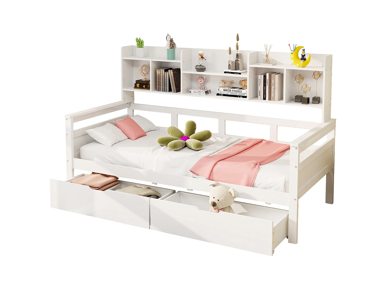 Canapé-lit 90x200 cm blanc, avec tiroirs et étagères intégrés, cadre bois massif, lit enfant ou adolescent