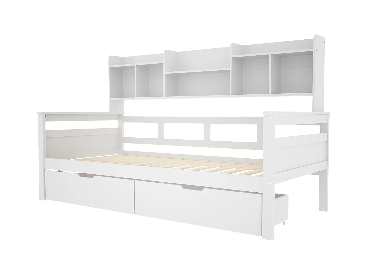 Canapé-lit 90x200 cm blanc, avec tiroirs et étagères intégrés, cadre bois massif, lit enfant ou adolescent