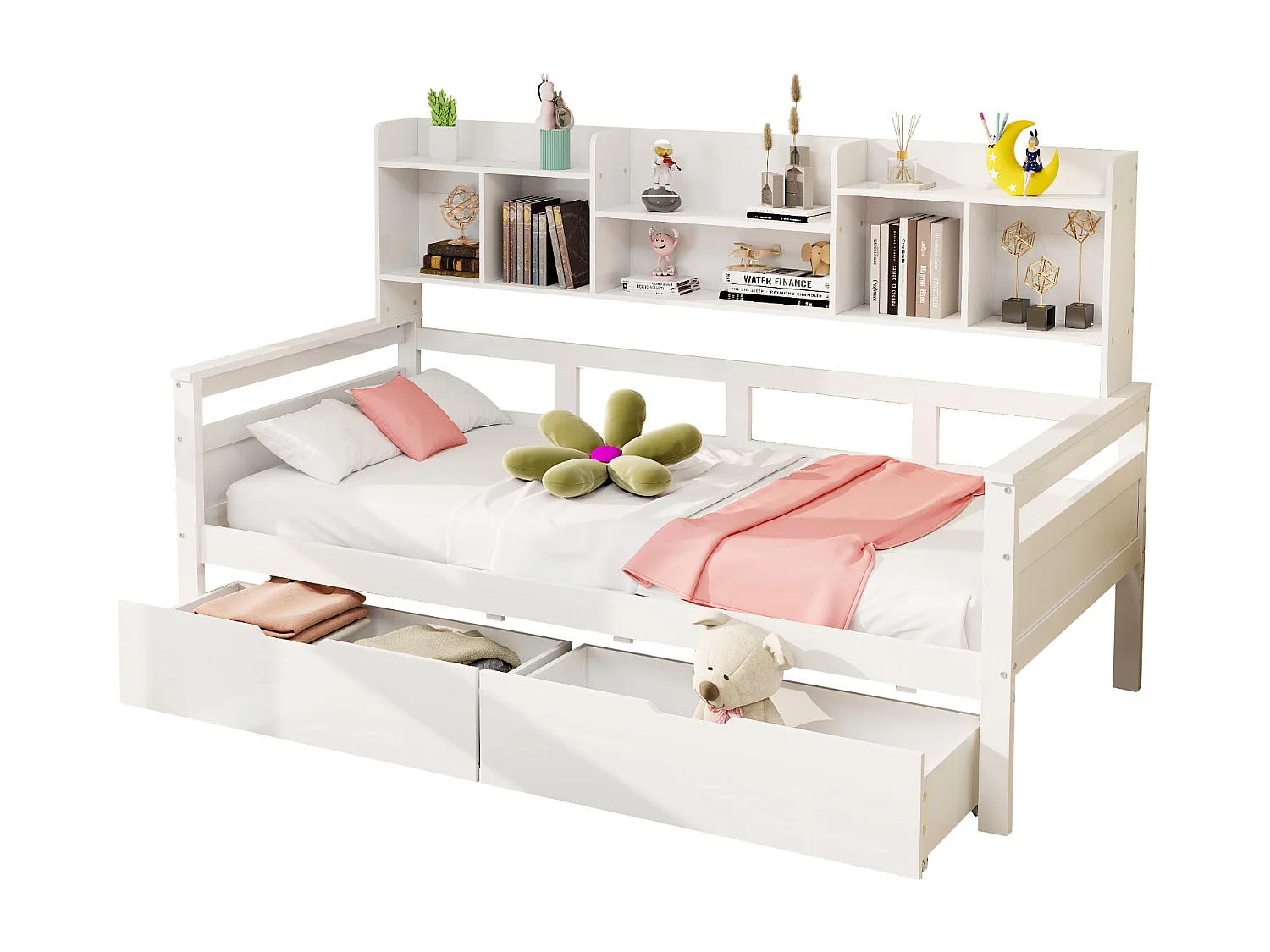 Canapé-lit 90x200 cm blanc, avec tiroirs et étagères intégrés, cadre bois massif, lit enfant ou adolescent