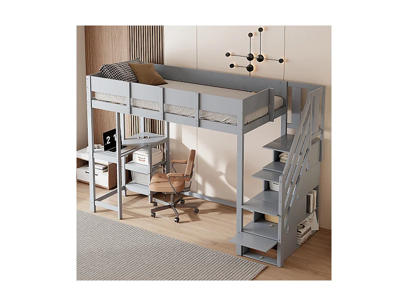 Lit superposé multifonction 90x200 cm gris, structure en pin massif avec étagères et tiroirs intégrés