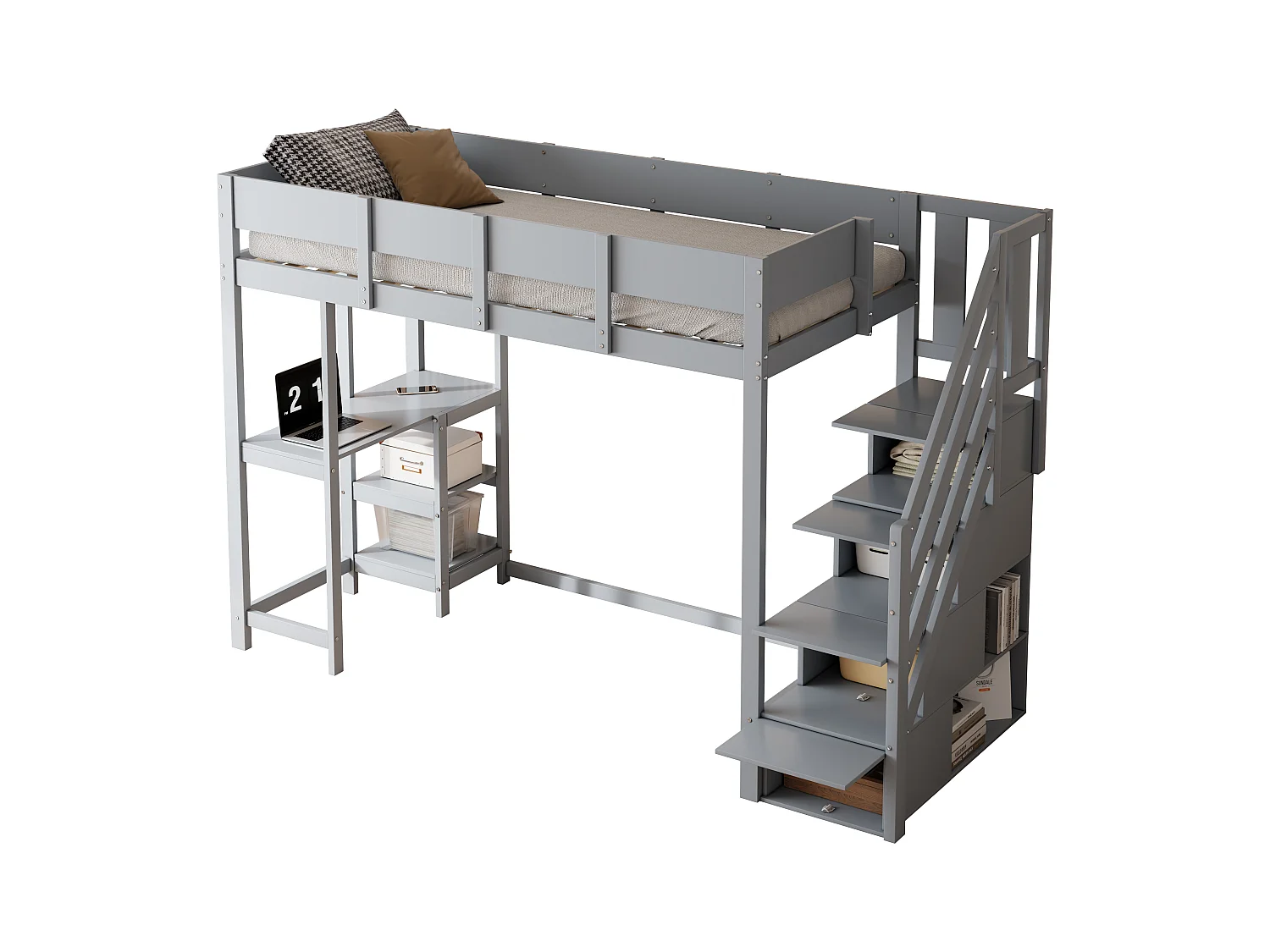 Lit superposé multifonction 90x200 cm gris, structure en pin massif avec étagères et tiroirs intégrés