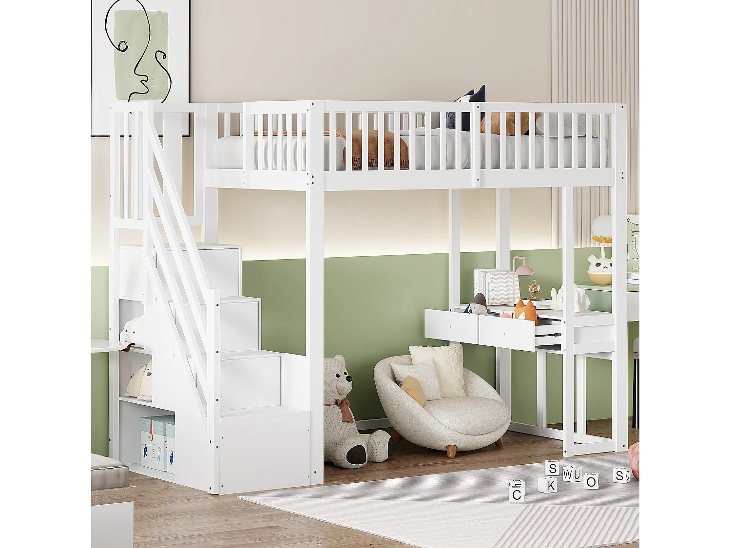 Lit mezzanine 90x200 cm avec bureau multifonction et escalier de rangement sécurisé, bois de pin massif blanc