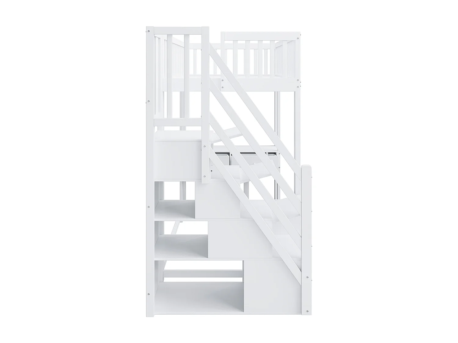 Lit mezzanine 90x200 cm avec bureau multifonction et escalier de rangement sécurisé, bois de pin massif blanc