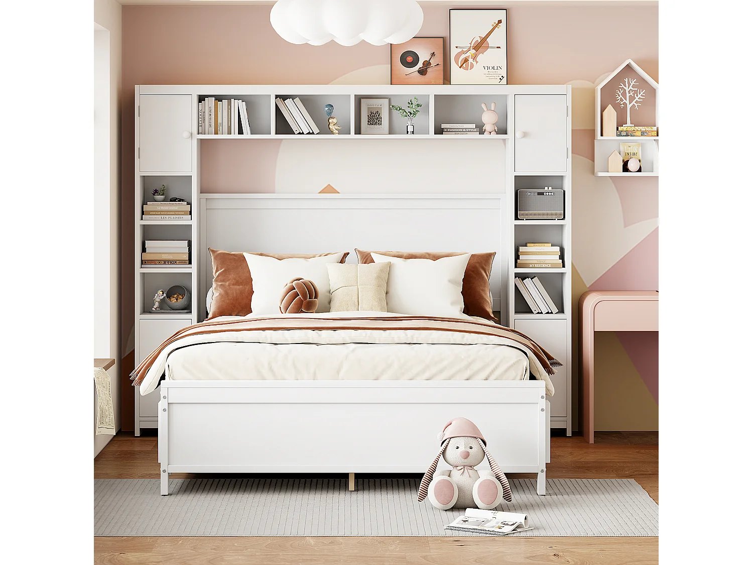 Lit double 140x200 cm avec 4 tiroirs et grand espace de rangement, en bois massif avec sommier, blanc