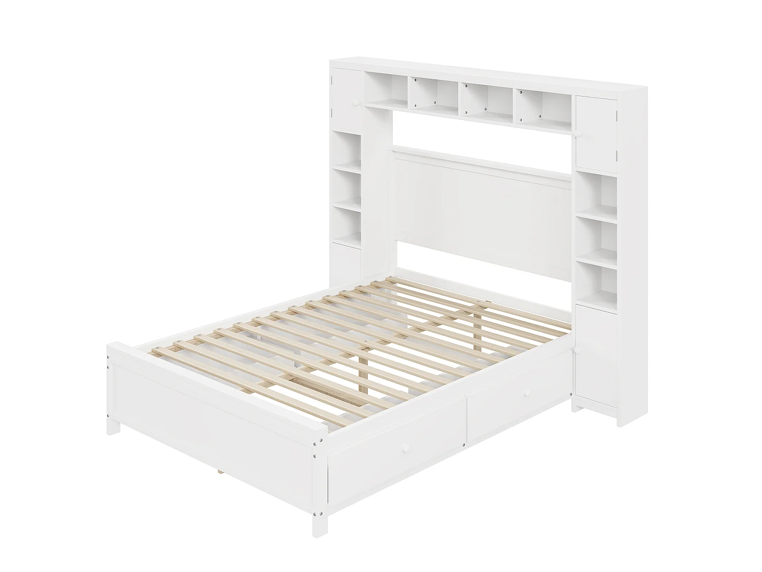 Lit double 140x200 cm avec 4 tiroirs et grand espace de rangement, en bois massif avec sommier, blanc