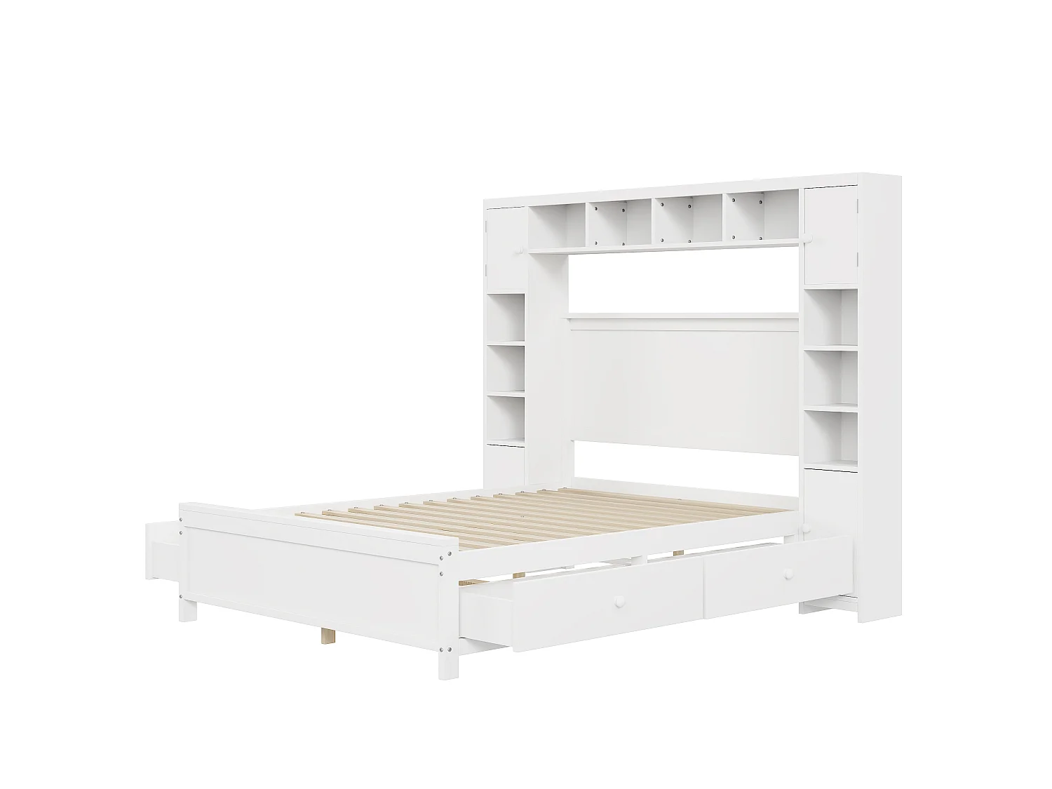 Lit double 140x200 cm avec 4 tiroirs et grand espace de rangement, en bois massif avec sommier, blanc