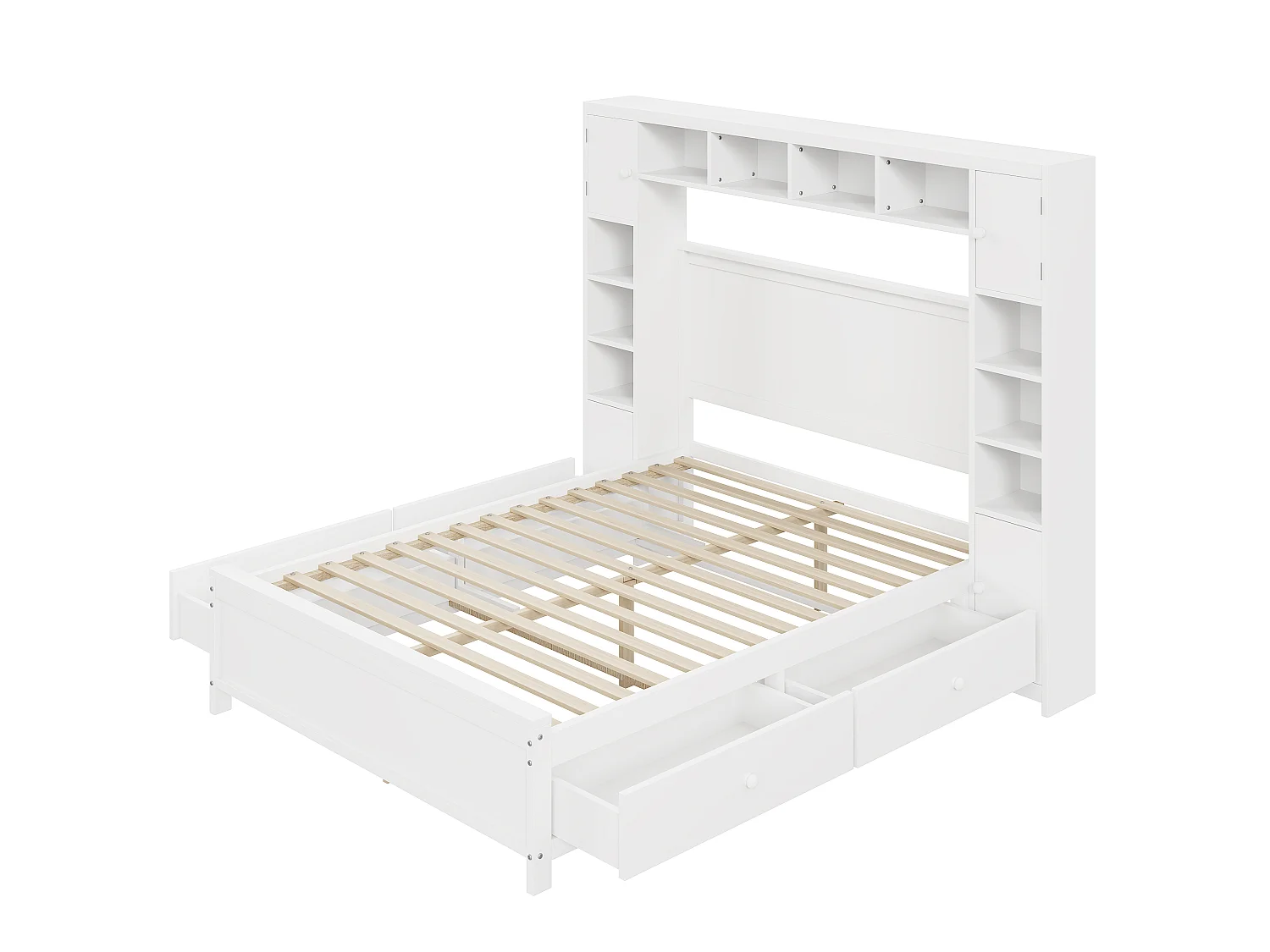 Lit double 140x200 cm avec 4 tiroirs et grand espace de rangement, en bois massif avec sommier, blanc