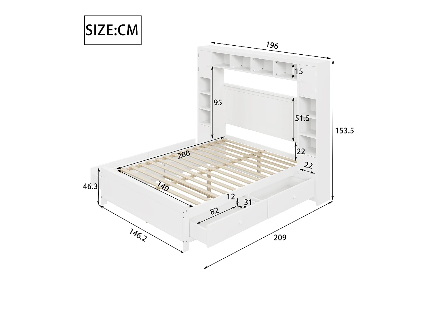 Lit double 140x200 cm avec 4 tiroirs et grand espace de rangement, en bois massif avec sommier, blanc