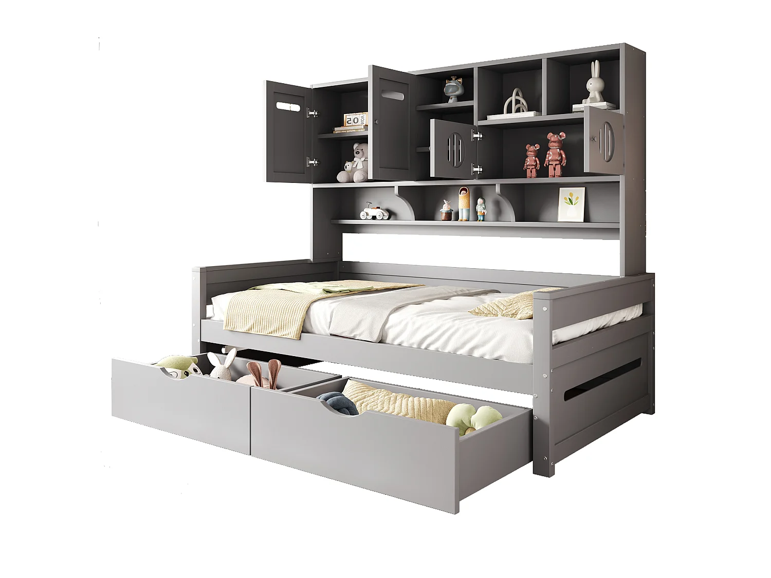 Lit canapé 90x200 cm en bois, avec rangement multifonction, grande tiroir, lit simple, lit junior, lattenrost, gris (sans matelas)