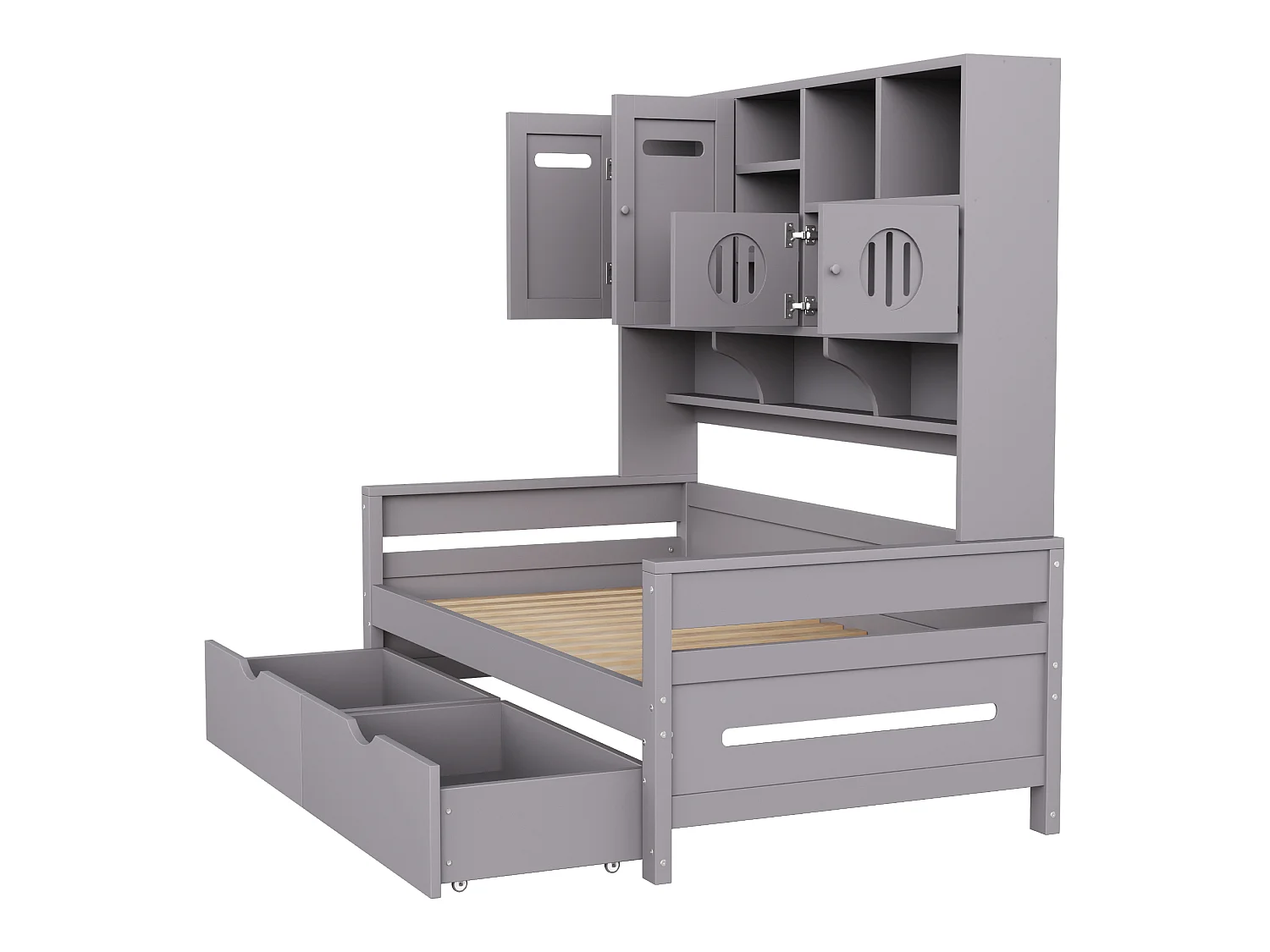 Lit canapé 90x200 cm en bois, avec rangement multifonction, grande tiroir, lit simple, lit junior, lattenrost, gris (sans matelas)