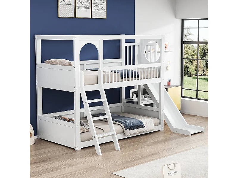 Lit superposé enfant 90×200 blanc, bois, avec toboggan et étagères, sans matelas