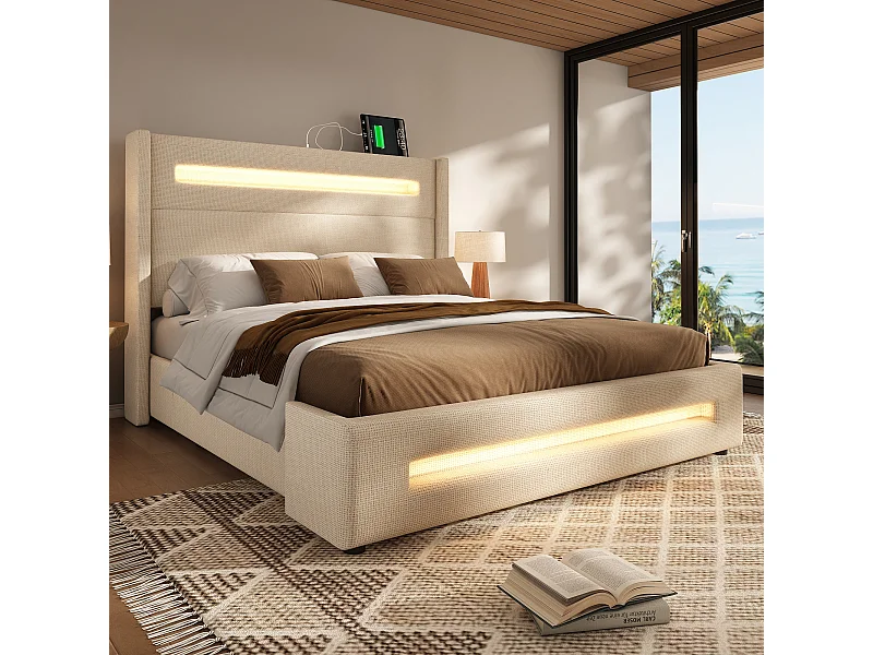 Lit tapissé 160x200 cm double, LED, rangement hydraulique, USB/Type-C, cadre métal bois, tissu lin beige (Avec matelas)