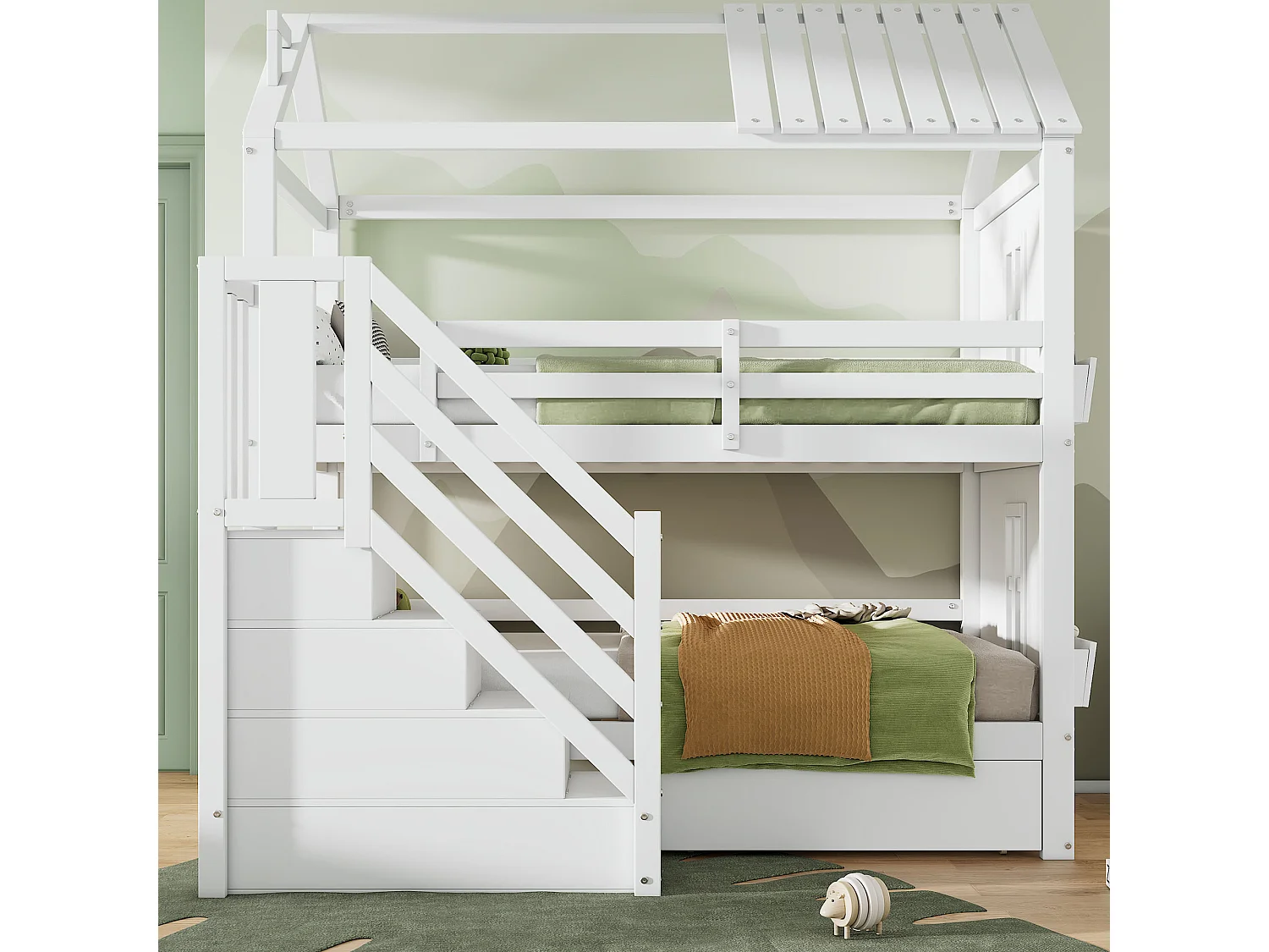 Lit superposé enfant 90×200 cm blanc, bois de pin + MDF, avec escaliers à rangement et tiroirs, grand espace