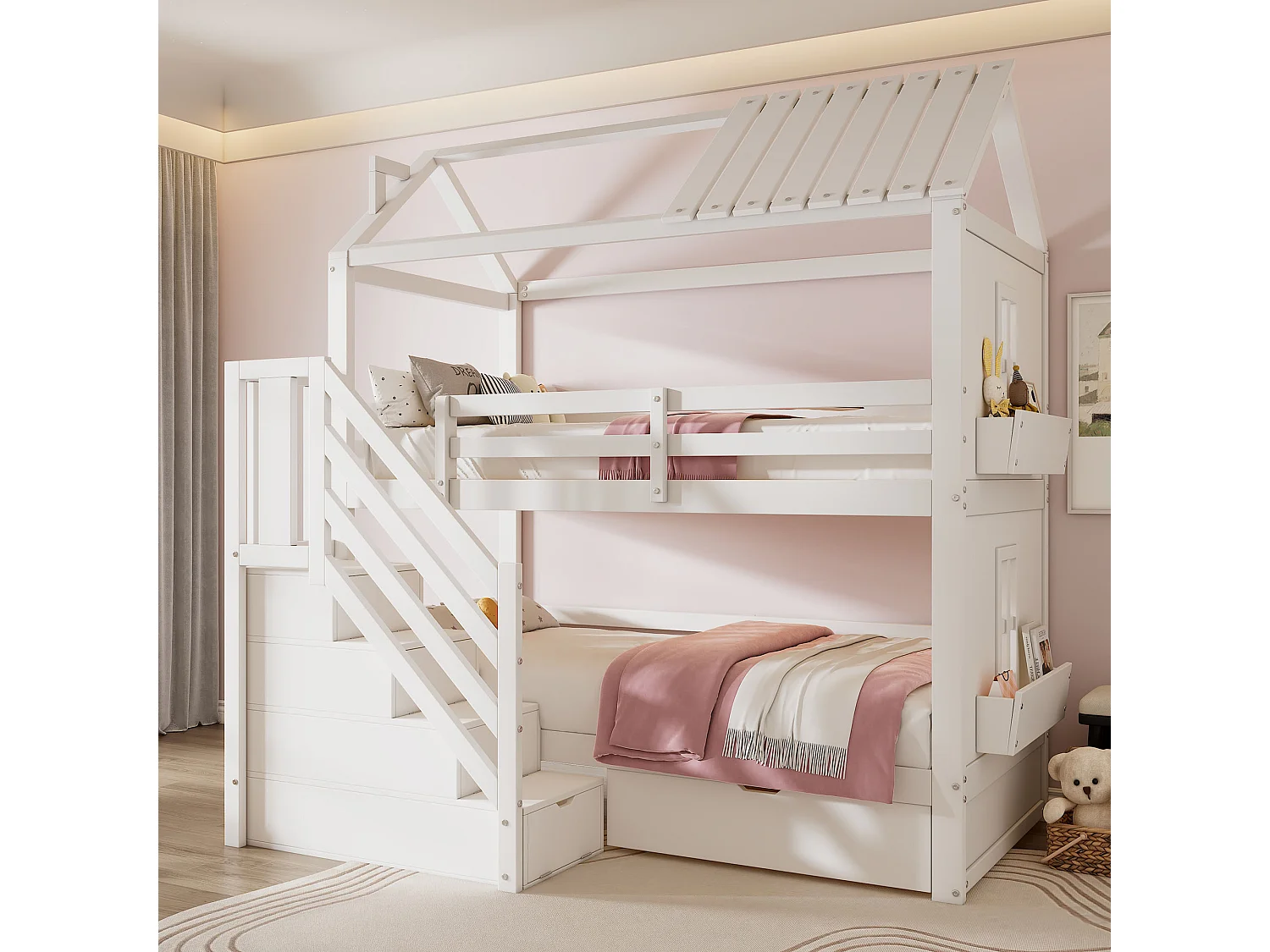 Lit superposé enfant 90×200 cm blanc, bois de pin + MDF, avec escaliers à rangement et tiroirs, grand espace