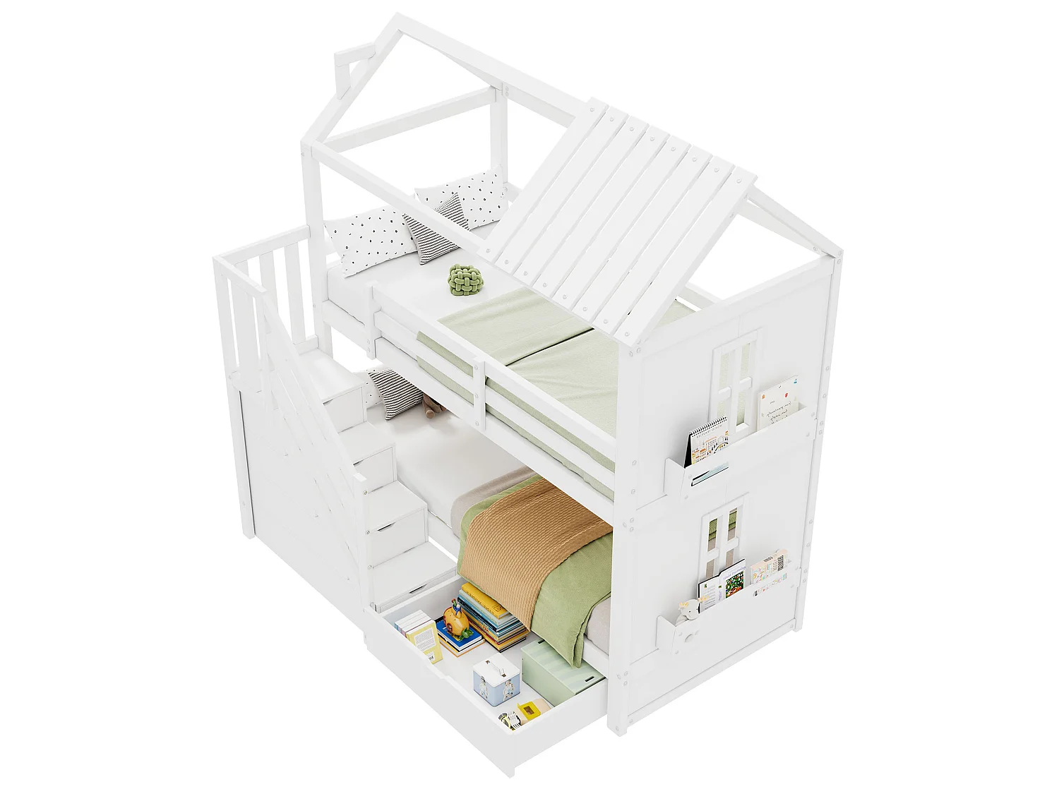 Lit superposé enfant 90×200 cm blanc, bois de pin + MDF, avec escaliers à rangement et tiroirs, grand espace