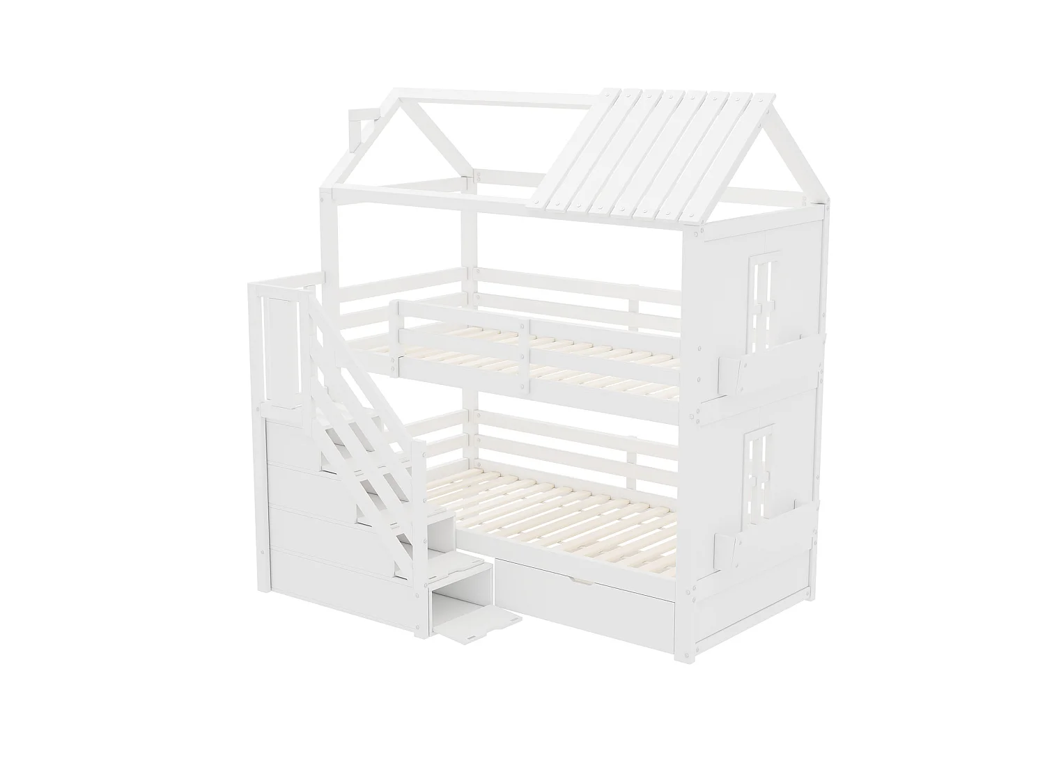Lit superposé enfant 90×200 cm blanc, bois de pin + MDF, avec escaliers à rangement et tiroirs, grand espace