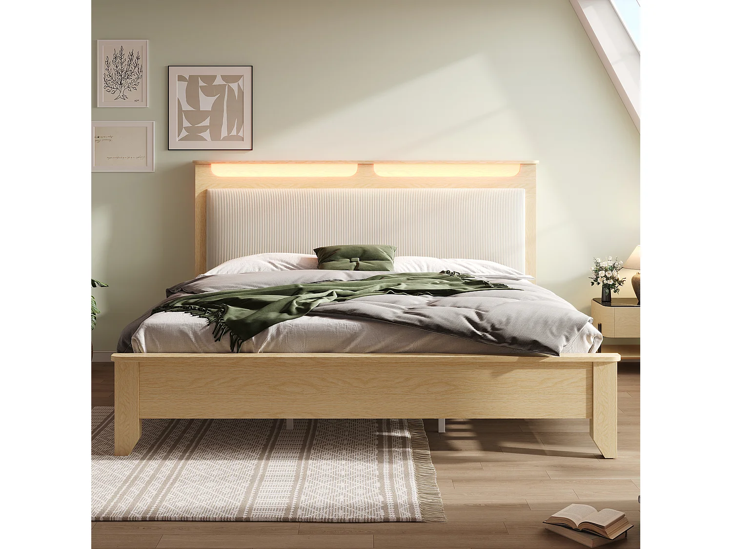 Lit double en bois 160×200 cm avec tête de lit à rangement, LED et dossier en velours côtelé beige, chêne clair