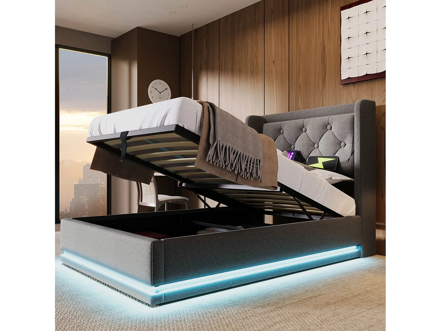 Lit tapissé 90x200 cm double, LED 3 côtés, hydraulique, tête avec USB-C, coton gris (Avec matelas)