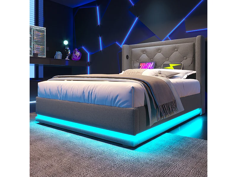 Lit tapissé 90x200 cm double, LED 3 côtés, hydraulique, tête avec USB-C, coton gris (Avec matelas)