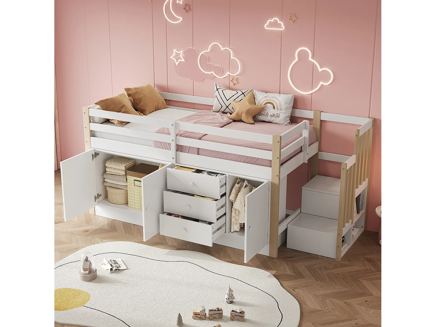 Lit mezzanine enfant 90×200 cm blanc, avec escalier, tiroirs, 2 armoires de rangement et tringle à vêtements, sans matelas