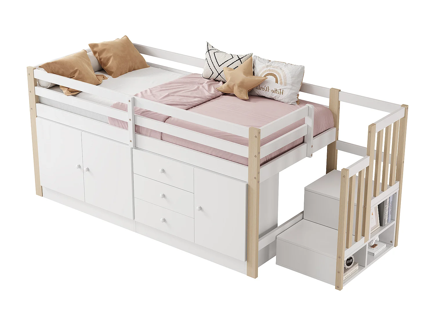 Lit mezzanine enfant 90×200 cm blanc, avec escalier, tiroirs, 2 armoires de rangement et tringle à vêtements, sans matelas