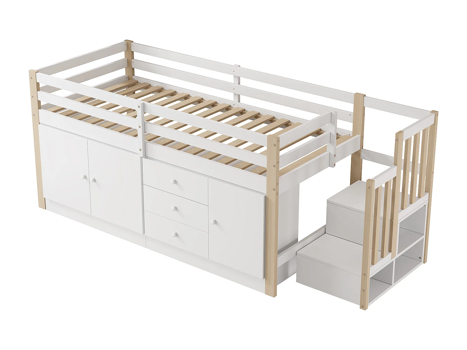 Lit mezzanine enfant 90×200 cm blanc, avec escalier, tiroirs, 2 armoires de rangement et tringle à vêtements, sans matelas